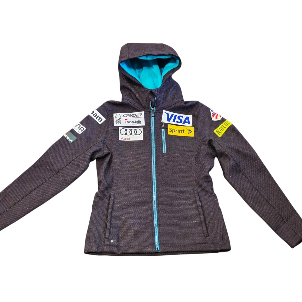 US Ski Team Spyder Ski Jacket Sponsors Woman Small Gray Hooded Full Zip